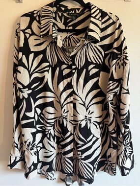 Tribal L Black Beige Tropical Floral Linen Blend Button Down Shirt Resort